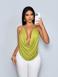 SOLERSUN Elegant And Sexy Solid Color Jacquard Halter Neck Top/Tank Top For Women, Perfect For A Valentine's Day Date. - Green - View 4