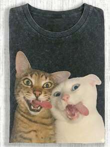 SHEIN Women's Cat Printed Round Neck Short Sleeve Casual T-Shirt, Summer Graphic Tees Women Tops - Black - View 1