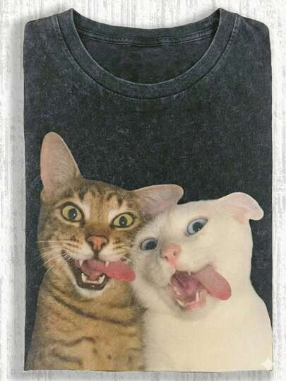 SHEIN Women's Cat Printed Round Neck Short Sleeve Casual T-Shirt, Summer Graphic Tees Women Tops