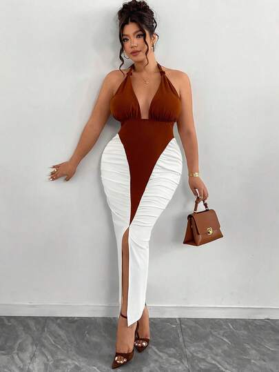 Elenzga Valentine's Day Plus Size Dress, Ruched Mermaid Hem Spaghetti Strap Twist Front Deep V Sexy European Style Spaghetti Strap Dress, Elegant & Sexy For Outing, Party, Gathering, Color Blocking