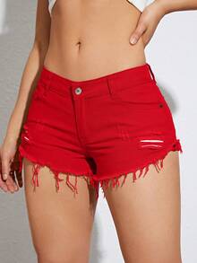 SHEIN ICON Quần short denim nữ màu trơn, kiểu dáng thường ngày. - Đỏ - Xem 4
