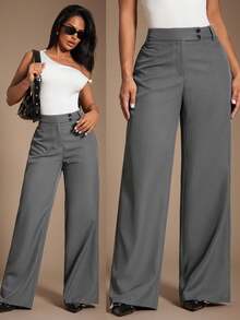 Radiana Pantalones rectos de cintura alta de color gris, de estilo minimalista y moderno, para mujer. Pantalones de cintura alta, pantalones casuales holgados, pantalones de pierna ancha, ropa de mujer de negocios casual, elegante estilo retro vintage, ropa minimalista urbana y cómoda, adecuada para salidas diarias, oficina, negocios, viajes y ocasiones formales. - Gris - Ver 1