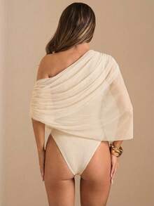 SHEIN BAE Áo liền thân dáng suông, xếp ly, trễ vai, màu nâu/cà phê trơn, kiểu dáng thanh lịch, thích hợp cho mùa Thu/Đông; Áo liền thân ôm sát, duyên dáng, kiểu dáng suông. - Màu be - Xem 2