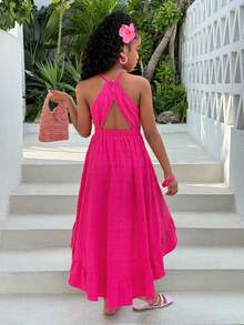 Tween Girl Vacation Halter Hem Curved Waist Dress - Hot Pink - View 4