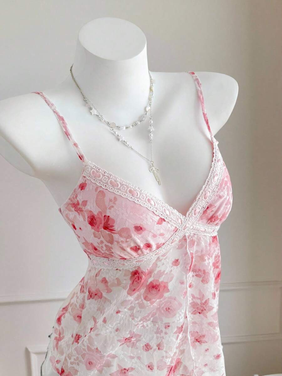 Comfortcana 新款时尚夏季女装春季情人节外出粉色花卉蕾丝拼接休闲吊带背心时尚情人节网纱粉色花朵浪漫粉色上衣优雅、度假、休闲、Y2K风格、印花花卉蕾丝夏季春季情人节嘉年华海滩生日派对婚礼外出女式上衣可爱少女风 - 彩色 - 查看 1