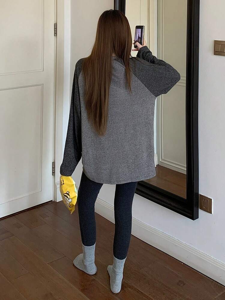 Contrast Color Raglan Sleeve Loose T-Shirt & Skinny Leggings Women's Pajama Set