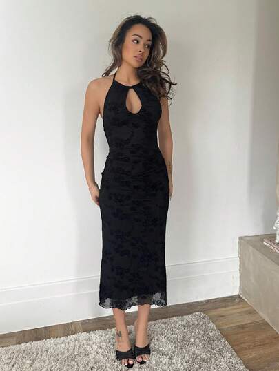 RebeccaVibe 女士优雅花卉植绒透明露背挂脖中长连衣裙