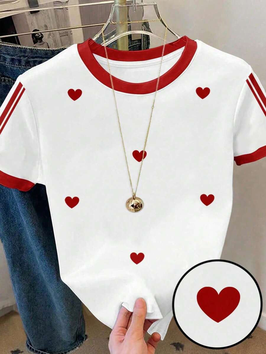 1件装少女休闲时尚创意个性清新可爱简约爱心条纹印花基础款短袖T恤，舒适百搭，适合情人节氛围，白色T恤，适合春、夏、秋、冬四季穿着。 - 彩色 - 查看 1