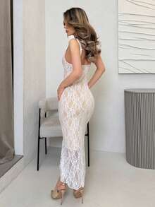 Jemour 女士优雅白色蕾丝荷叶边吊带连衣裙，T恤裙，新年派对礼服，新年夜礼服，节日礼服，白色女装，正式礼服，节日服装 - 白色 - 查看 2