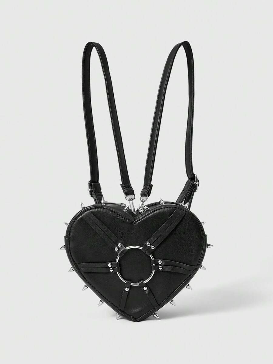 ROMWE Grunge Punk Cute Punk Street Preppy Y2K Style Rivet Backpack For Women, School Backpack - Ring black - View 1