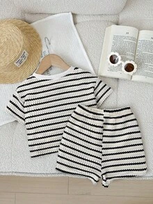 SHEIN LMoss Kids LMoss   2pcs Baby Girl Knitted Striped Casual T-Shirt And Shorts Set Two Piece Baby Outfit Toddler Two Piece Sets Baby Knit Set Baby Girl Set Stripes - Black and White - View 2