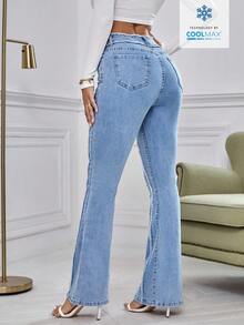 SHEIN Essnce Solid Color Frayed Hem Slant Pocket Elegant Flare Leg Jeans - Blue - View 2
