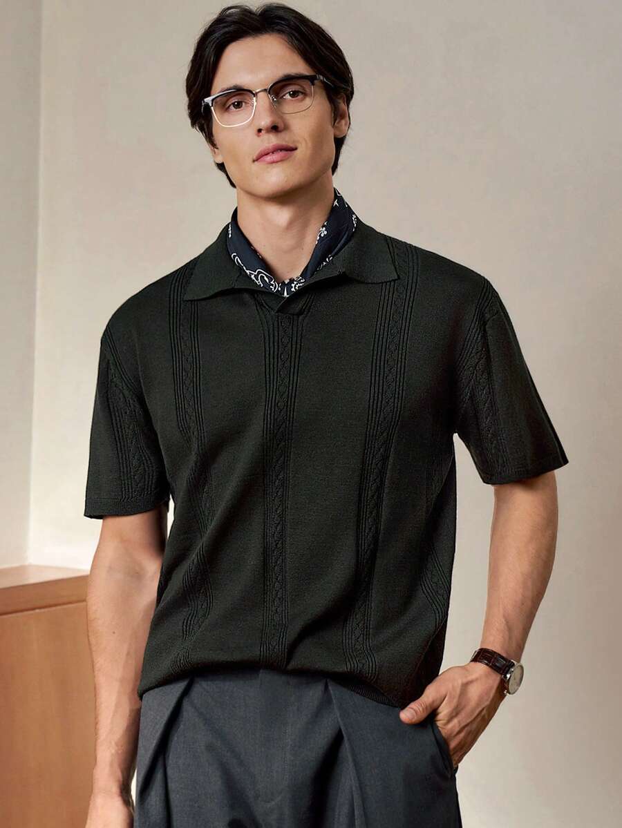 RONVEXI Men's Solid Color Polo Collar Short Sleeve Casual Knit Top - Dark Green - View 1
