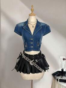 Elamini 女士休闲水洗平领单排扣牛仔夹克，夏季 - 中等水洗藍 - 查看 5