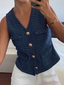 DAZY Women's Textured V-Neck Sleeveless Elegant Vacation Denim Jacket And Coat, Spring/Autumn - Blue - View 3