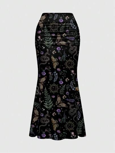 ROMWE Gothic Mysterious Snake, Butterfly, Moth, Leaf Print Ruched Bodycon Mermaid Skirt