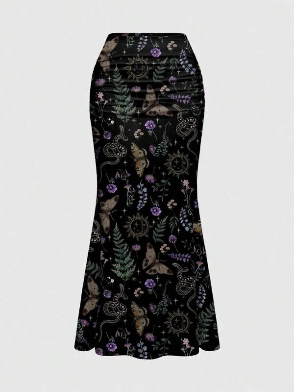 ROMWE Gothic Mysterious Snake, Butterfly, Moth, Leaf Print Ruched Bodycon Mermaid Skirt