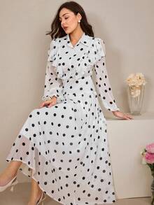 Graceveil 女士优雅通勤雪纺波点连衣裙，秋季 - 白色 - 查看 1
