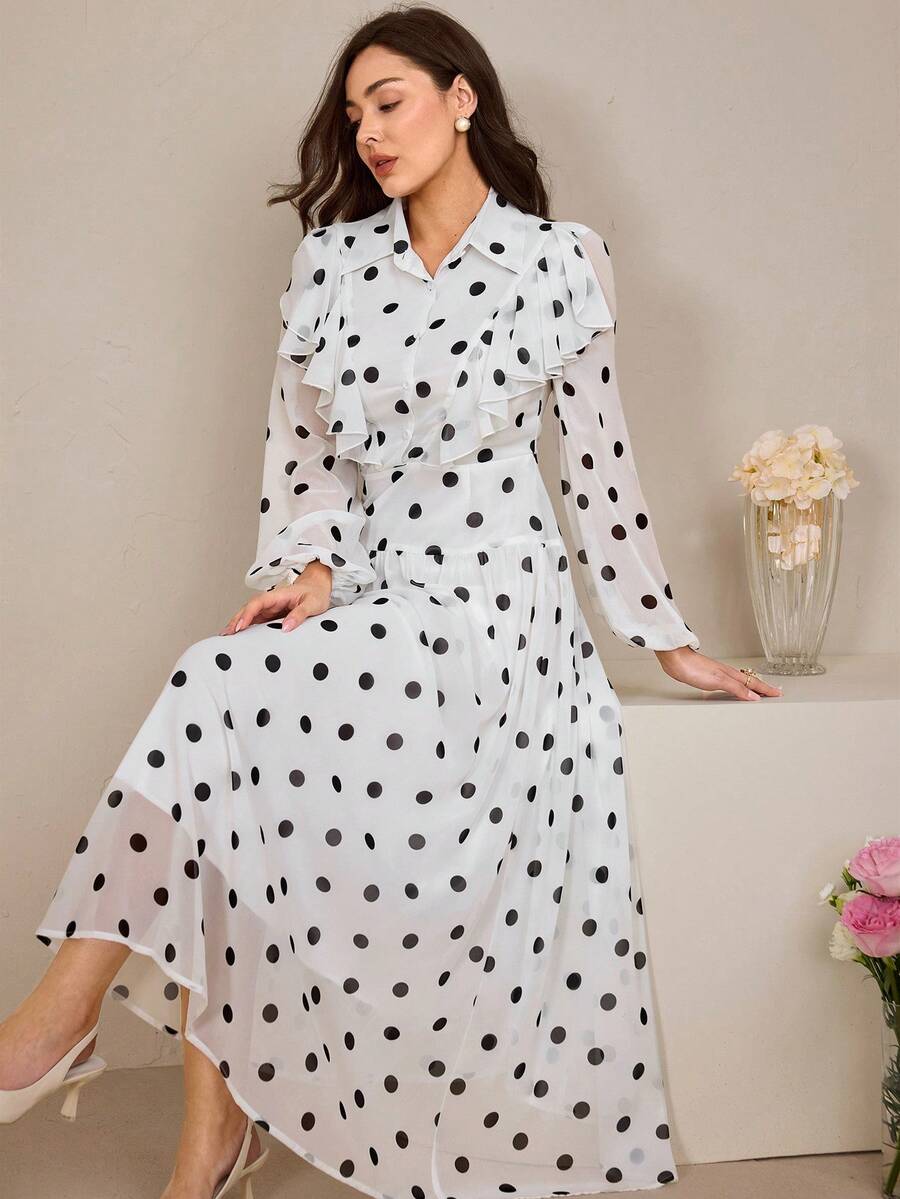 Graceveil 女士优雅通勤雪纺波点连衣裙，秋季 - 白色 - 查看 1