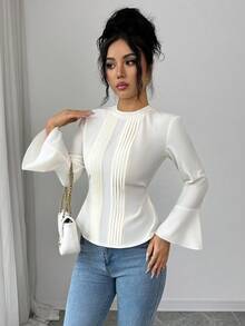 SHEIN Elenzya Women's Pleated Blouse, Elegant Fitted Long Sleeve Shirt, Round Neck - Apricot - View 4