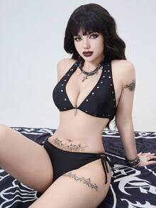 ROMWE Goth Women's Halter Black Sexy Swimsuit Set - Black - View 1