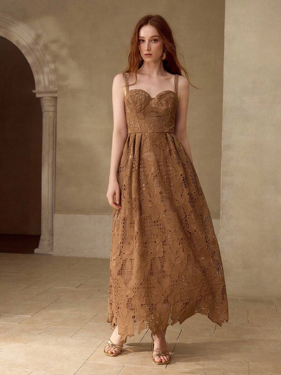 MOTF PREMIUM LACE PATCHWORK HOLLOW OUT DRESS, SPRING/SUMMER - Camel - View 1
