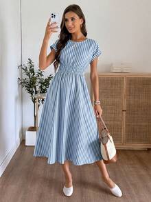 EMERY ROSE Women's Summer Striped Round Neck Batwing Short Sleeve Casual Long Dress - Blue and White - View 4