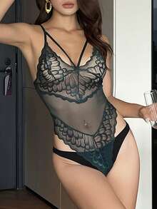 DAZY Bodysuit Lingerie Wanita dengan Tali Bahu Tipis, Renda, Transparan, Leher V Dalam, dan Tanpa Punggung - Dark Green - View 6