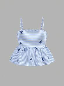 Firerie Kids 少女蝴蝶结花卉蓝色条纹吊带背心+宽松长裤两件套，休闲时尚，百搭，适合派对、郊游、姐妹合照、公园、露营、度假、日常休闲等场合。 - 藍色 - 查看 8