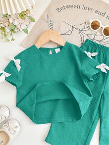 Babygirl Cute Green Bow Knit Short Sleeve T-Shirt & Elastic Waist Pants Set, Summer - Black - View 6