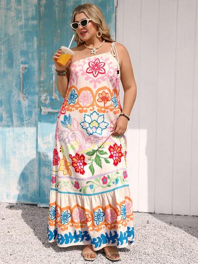 Vivid Eden Plus Size Women Casual Vacation Beaded Strap A-Line Artistic Print Dress, Spring/Summer, Spring Clothes Women , Summer Dress , Summer Dresses For Women , Summer Outfits  , Summer Holiday Outfits