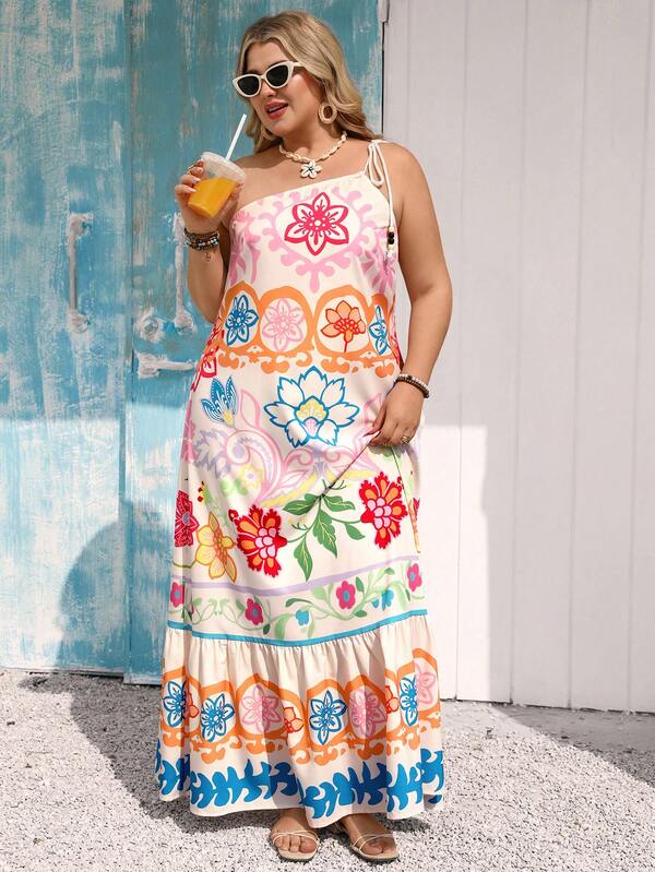 Vivid Eden Plus Size Women Casual Vacation Beaded Strap A-Line Artistic Print Dress, Spring/Summer, Spring Clothes Women , Summer Dress , Summer Dresses For Women , Summer Outfits  , Summer Holiday Outfits