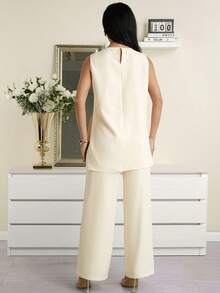 Modelyn 女士优雅水钻装饰无袖上衣和裤子两件套，夏季 - 黃色 - 查看 2