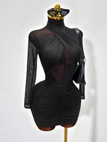 Mistrie Mesh Patchwork Sheer Sexy Stand Collar Long Sleeve Dress - Black - View 1