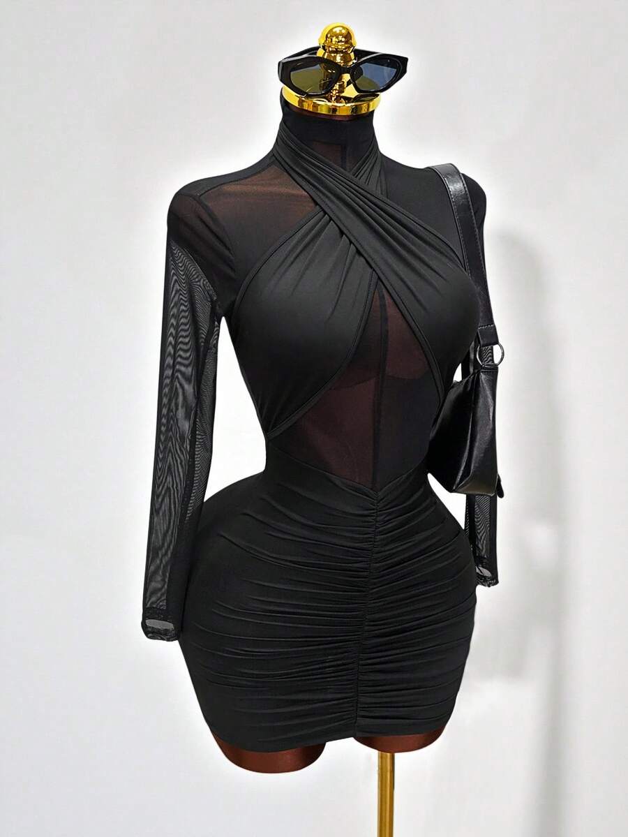 Mistrie Mesh Patchwork Sheer Sexy Stand Collar Long Sleeve Dress - Black - View 1