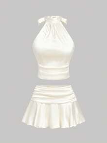 SHEIN MOD 女士杏色缎面蝴蝶结无袖上衣和迷你裙两件套 - 杏色 - 查看 4