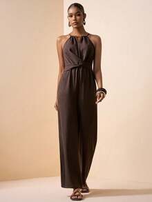 Zivah 2026 Spring/Summer New Music Festival, Easter, St. Patrick's Day, Valentine's Day, Date, Western, Nomadic, Birthday Party, Graduation, College, Student, Daily Casual, Basic Versatile, Leisure, Vacation, Cruise Travel, Beach, Sunbathing, Viral , Streetwear, Wedding Guest Boho, Commute, Brunch, Airport, Party, Holiday Outing, Office Wear, Halter Neck Ruched Criss-Cross Pocket Wide Leg Linen Brown Jumpsuit - Brown - View 6