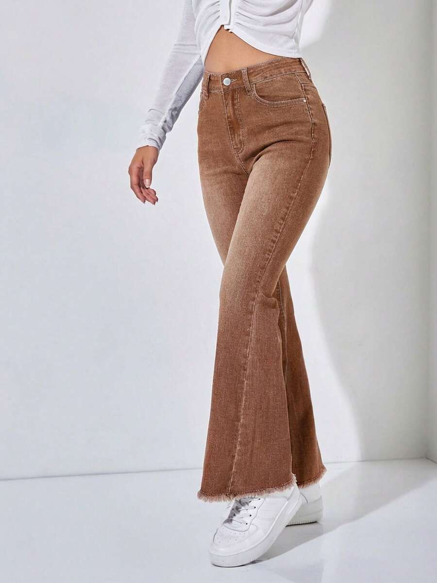 SHEIN PETITE 休闲水洗复古喇叭牛仔裤 - 咖啡棕 - 查看 1