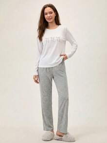 Loomlin Women 2 Pcs Bow Printed Detail Long Sleeved Shirt&Bow Printed Long Pants Homewear Set Pj Sets For Women Long Sleeve Sleep Wear Women 2 Piece Set Comfy Pajamas Set Long Sleeve Lounge Set Lounge Wear Set - White - View 3