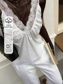 Livesso Women's Summer Casual Vacation Style Contrast Lace V-Neck Pleated Camisole - Beige - View 9