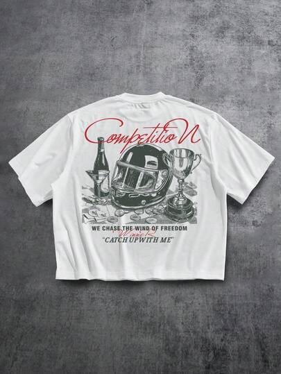 Manfinity ZONE917 宽松短款超大号F1赛车奖杯香槟钞票标语印花短袖T恤，休闲时尚，宽松版型，约会聚会完美之选，送给男友的礼物