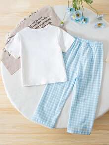 Young Girl Vintage Blue Plaid Short Sleeve Top And Pants 2-Piece Casual Pajama Set, Crew Neck With Ruffle Bow Decor, Fashionable And Versatile For Spring/Summer - Blue - View 2