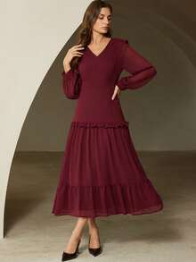 Revavyn Đầm chiffon màu trơn thanh lịch kiểu Pháp, cổ chữ V, tay phồng, eo xếp ly, thích hợp cho các buổi hẹn hò và kỳ nghỉ. - Màu Đỏ Sâu - Xem 4