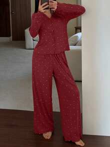 DAZY 2pcs Women Polka Dot Print Long Sleeve Cardigan And Pants Pajama Set, Autumn - Burgundy - View 5