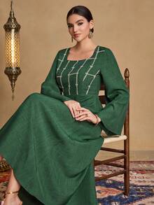SHEIN Najma Fashionable New Heavy Embroidered Modest Arabic Style Dress For Women - Army Green - View 7