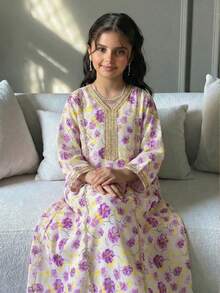 SHEIN Baby Purple Autumn Traditional Wedding Girls Floral Embroidered Bowknot V-Neck Long Sleeve Maxi Dress,Kids Prayer Abaya,Modest Kaftan Jalabiya,Lilac - Purple - View 1