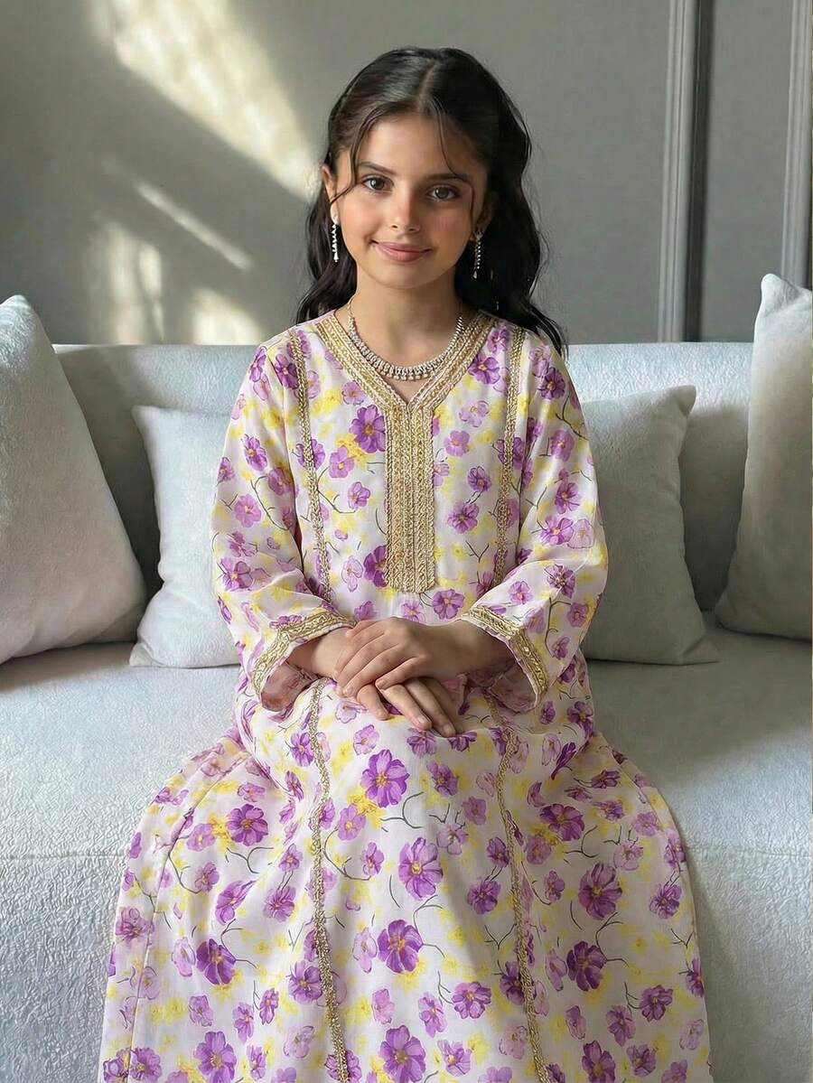 SHEIN Baby Purple Autumn Traditional Wedding Girls Floral Embroidered Bowknot V-Neck Long Sleeve Maxi Dress,Kids Prayer Abaya,Modest Kaftan Jalabiya,Lilac - Purple - View 1