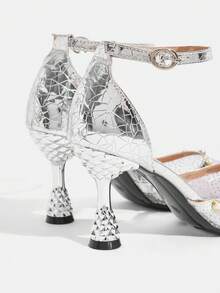 CUCCOO TILAWA 女士时尚玫瑰金亮片水钻链条高跟尖头镂空高跟鞋，适合春秋季穿着 - 銀色 - 查看 5