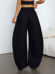 SHEIN PETITE 性感黑帮妻子派对基本款纯色炭灰色褶皱宽松筒裤 - 黑色 - 查看 3