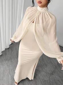 Elenzga 情人节加大码女士优雅圆领网纱拼接珍珠装饰长袖连衣裙，春夏新款时尚吊带裙配披肩 - 杏色 - 查看 5